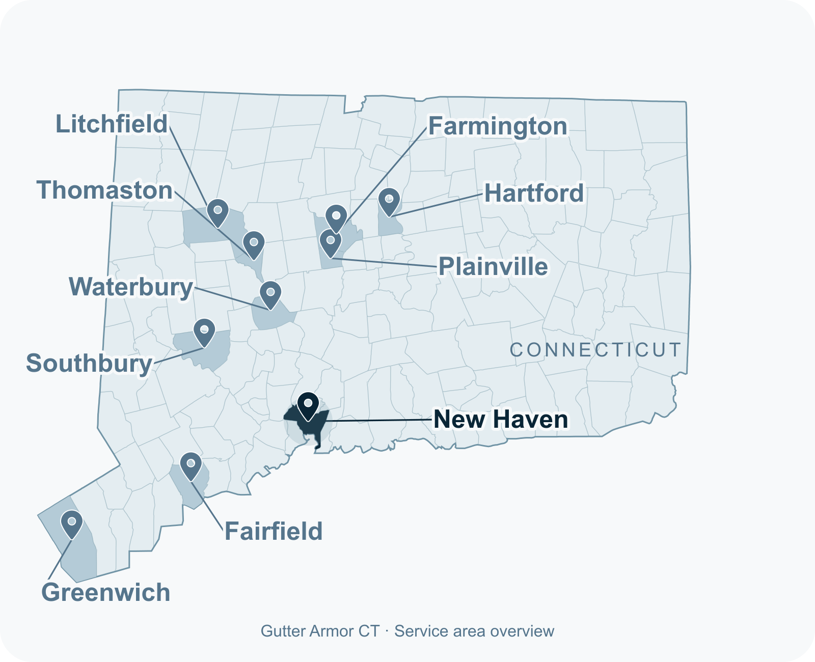 Connecticut map highlighting New Haven and nine other Gutter Armor service towns