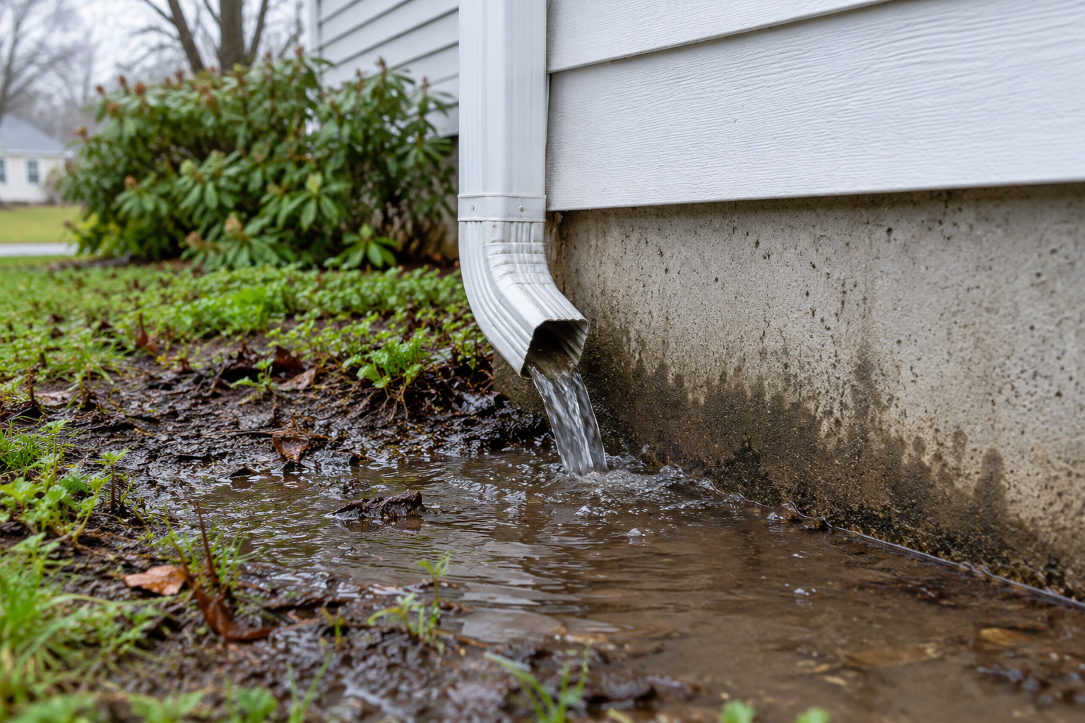 Short downspout discharging water into a puddle beside a concrete foundation