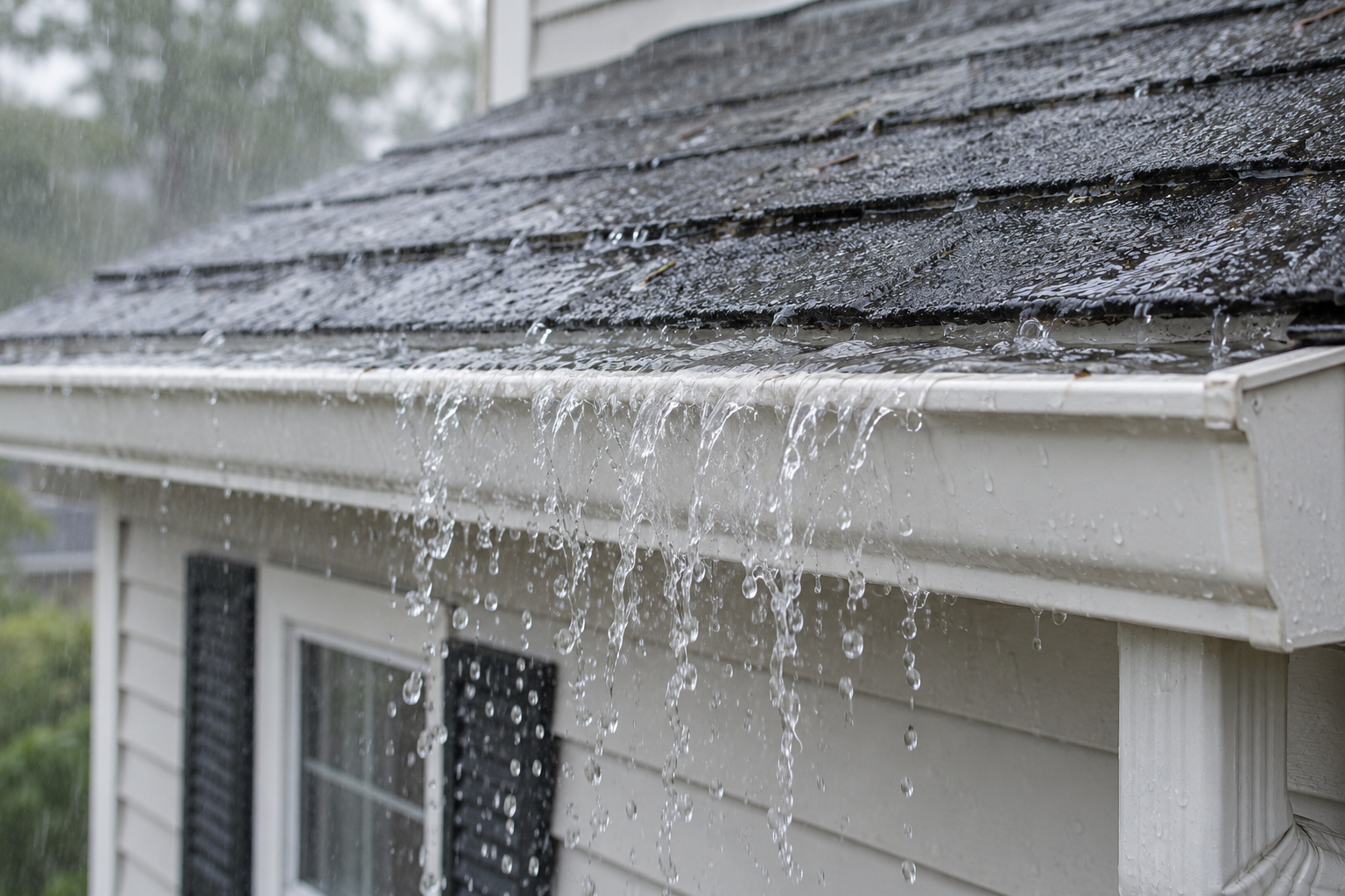 Rainwater spilling over a white gutter onto the siding below
