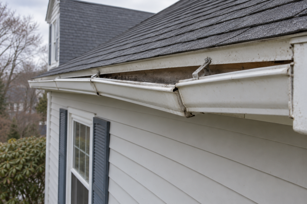 Loose gutter pulling away from the fascia and sagging at a joint