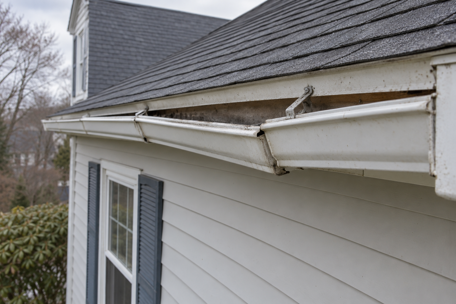 Loose gutter pulling away from the fascia and sagging at a joint