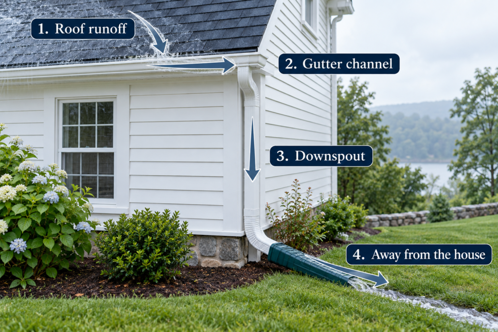 Illustrated route from roof runoff through gutters and downspout away from house