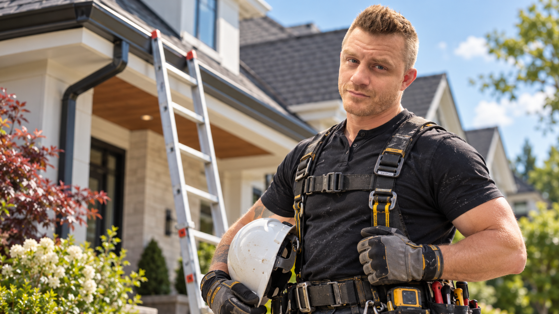 Gutter service professional standing beside a house and ladder